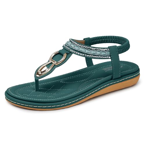 Image of SHIBEVER Flat Sandals for Women Dressy: Comfortable Thong Slip On Sandal | Elastic Ankle Strap Bohemian Women's Flats Shoes - Summer Comfort Flip Flops Open Toe Orthopedic for Walking Casual