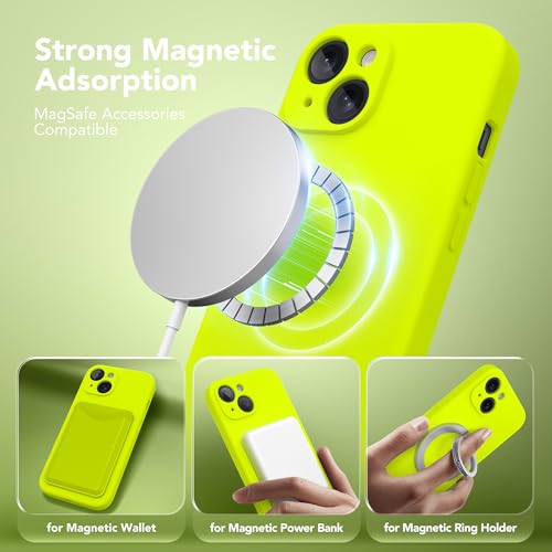 Image of Magnetic for iPhone 13 Case, Compatible with MagSafe, [Full Camera Protection] [Screen Protector] Silicone Shockproof Protective Phone Case for iPhone 13 6.1 inch, Fluorescent Green
