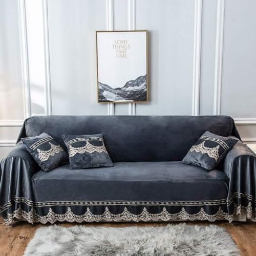 ソファカバー マルチカバー 北欧風 ベロア 無地 レースの縁取り 多機能 マルチクロス カーペット テーブルクロス バスマット 毛布 絨毯 ベッドカバー ソファ保護カバー 雑貨 防汚 防塵 おしゃれ 四季通用 (グレー,4人掛け200*350cm)