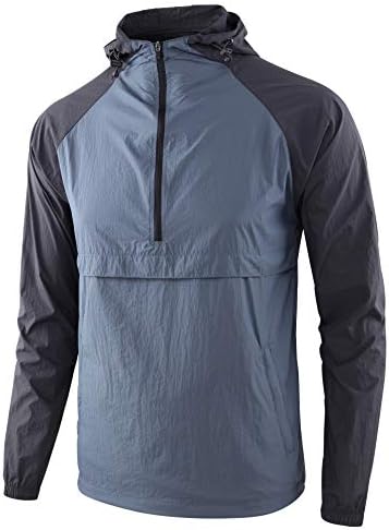 KNQR Men's Lightweight Zip Waterproof Running Hiking Anorak Windbreaker Jackets Active Hoodies Vintage Blue/Charcoal XXL