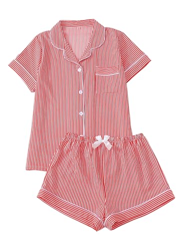 Image of BEAUDRM Women's Two Piece Pajama Sets Allover Print Short Sleeve Sleepwear Button Down Shirt and Bow Shorts Pj Set Loungewear