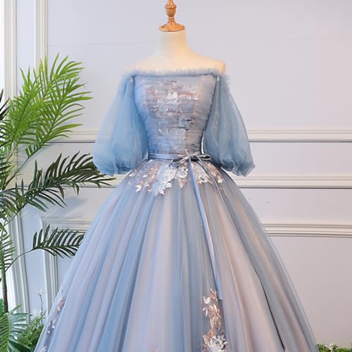 Girls' Lace Up Puffy Ball Quinceanera Dress Sweet 15 Birthday Party Gala Pageant Gown Appliques Tulle Blue4