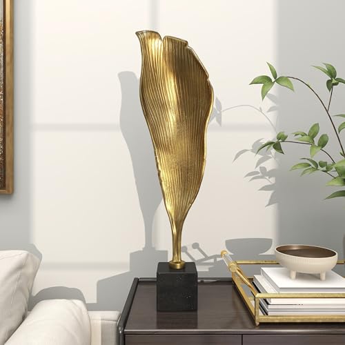 Estatua decorativa de hoja abstracta en aluminio dorado con base de mármol miniatura 5