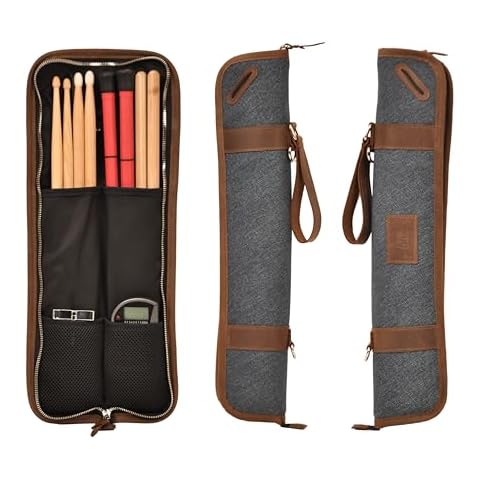 KGUBrass Handmade drumstick bag Drum sticks case with drumkey holder. Leather drumstick pouch with shoulder strap, built-in rubber loops. Gift for a drummer (Compact, Brown + Blue) Cover