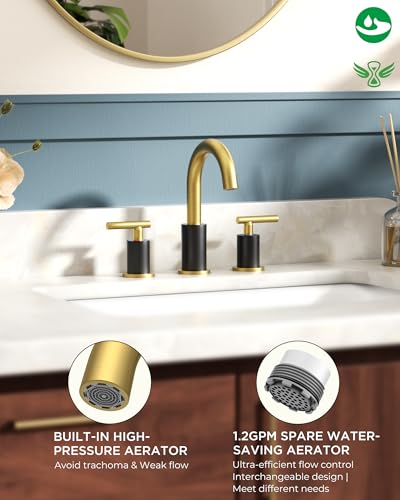 Image of FORIOUS Black and Gold Bathroom Faucet 3 Hole with Pop Up Drain and 24 in Supply Line, 2 Handle Modern Bathroom Vanity Faucet Widespread 8 inch with 360 Degree Swivel Gooseneck, for 6 inch to 12 inch Basin