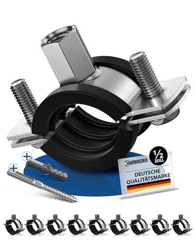 GARSIDURO Profi Rohrschellen | 1/2 Zoll (20-25mm) 10 Stück | mit passenden Stockschrauben und Dübeln | Schraubrohrschellen Stahl verzinkt mit Gummieinlage zur Rohrbefestigung und Rohrhalterung | 1/2