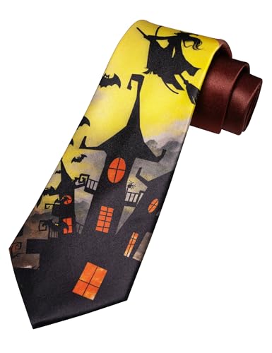 JEMYGINS Halloween Krawatte Herren Hexe fliegt über Spukhaus mit Fledermäusen Gruseliges Kostümzubehör