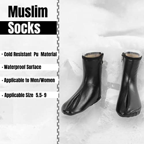 Leather Zipper Socks, Muslim Sock for Men Women, Waterproof PU Leather, Khuffy Winter Warming Socks with Fleece for Indoor, Outdoor, Travel Black 36-41(5.5-9)2