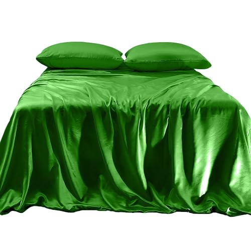 Elegant Comfort Luxurious 4-Piece Silky Satin Sheet Set, Skin and Hair Friendly, Wrinkle, Fade, Stain Resistant with Deep Pockets Fitted Sheet, Cooling Soft Satin Sheet Set, Twin, Emerald Green