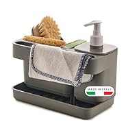 Snips Riordinello - Dispenser Sapone Cucina e Bagno 3in1, Set con Porta Spugne Lavello Cucina, Porta Sapone Dosatore 400ml e Strofinacci - Organizer Lavello Salvaspazio 21x12x18, Made in Italy, Grigio
