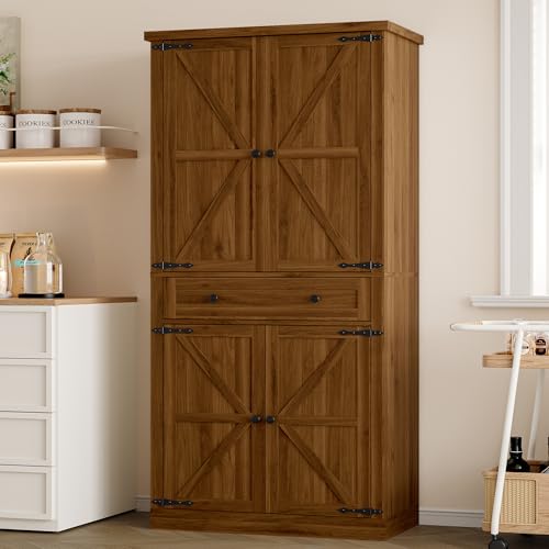 BORNOON Pantry Organizers and Storage Cabinet, 70” Barn Door White Kitchen Cabinet with Drawers and Adjustable Shelf, Tall Pantry for Kitchen, Dining Room, Living Room