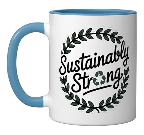 Sustainably Strong - Eco Friendly Recycle Symbol Ceramic Mug, Blue/White
