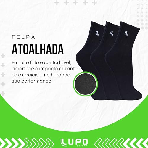 Lupo Kit 6 Pares de Meia Lupo Cano Médio Forro Atoalhado Punho Canelado Algodão Sport Original, 6 Pr