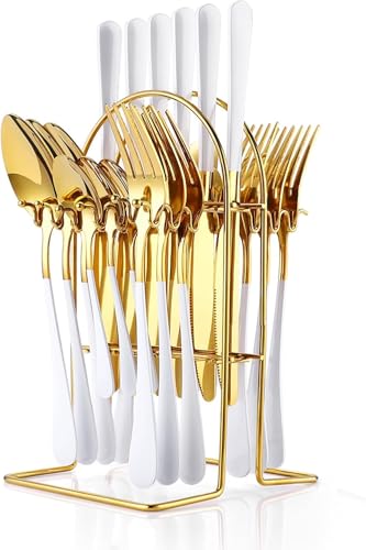 Image of 24 Pieces Flatware Set, Stainless Steel Cutlery Set with Silverware Holder, Modern Gold Silverware Set Includes Dinner Knives Forks Spoons,Hanging Silverware (White)