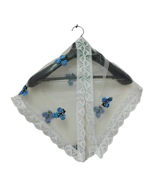 Christian Church Scarf for Women | White Lace Chapel Veil with Blue Floral Embroidery | Prayer Head Covering for Church, Mass, Worship & Religious Services-image-22