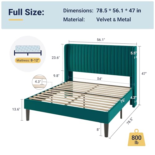 Image of Allewie Full Size Bed Frame /Velvet Upholstered Platform Bed /Vertical Channel Tufted Wingback Headboard /Strong Wooden Slats /No Box Spring Needed /Easy Assembly /Teal
