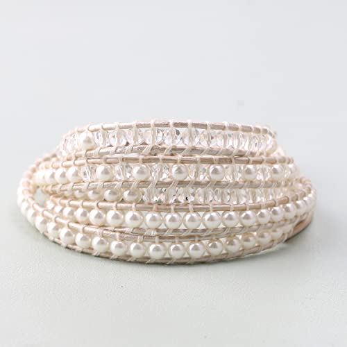 Kelitch Pearl Crystal Beads Bracelets Handmade Natural Leather 5 Wrap Bracelet For Women Classic Bangle Jewelry #TOP1