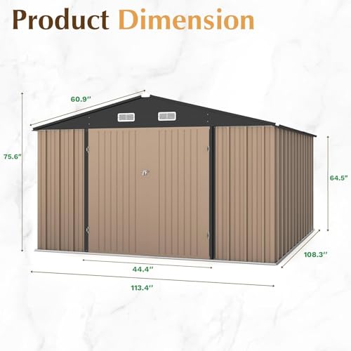 Image of GUNJI 10 x 10 FT Shed Outdoor Storage Shed Metal Garden Shed with Lockable Door Outside Waterproof Tool Shed for Backyard, Patio, Lawn (Brown)