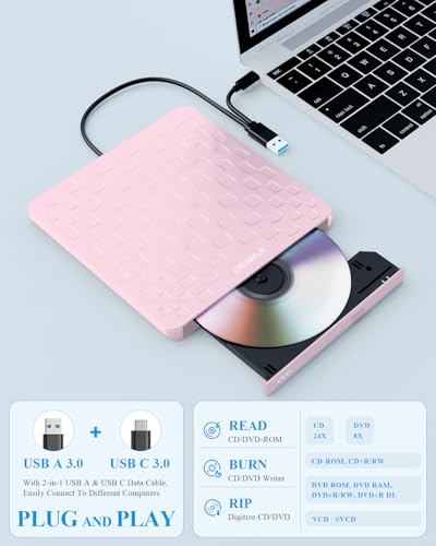 Image of External CD DVD Drive for Laptop, USB 3.0 Type-C Ultra Slim 13mm DVD Player Portable CD DVD + /-RW Drive CD Burner Reader Writer Recorder for Desktop PC Windows 11 /10 /8 /7 Linux Mac OS (Pink)