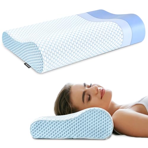 Polovo Neck Pillow Memory Foam Pillows for Sleeping, Ergonomic Cervical Pillow Neck Support Pillow Bed Pillow for Side Back Stomach Sleepers, Contour Pillow for Neck and Shoulder Pain Relief (Blue)