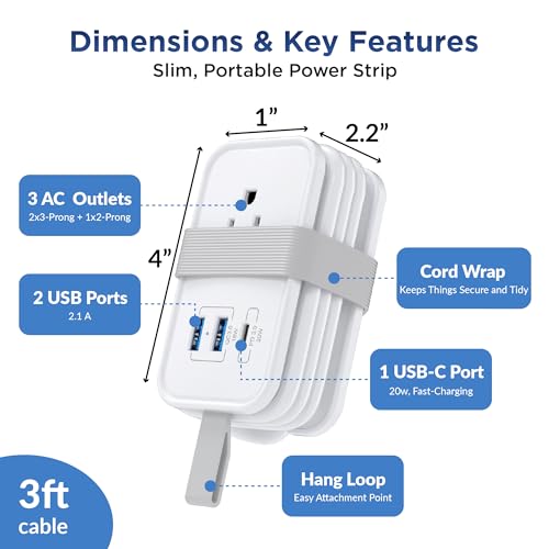 Image of Travel Charger for Multiple Devices, Flat Plug Power Strip 3ft Adapter Extension Cord, 3 AC Outlets, 2 USB & 1 Fast Charging USB-C, No Surge Cruise Approved, Portable Power Strip