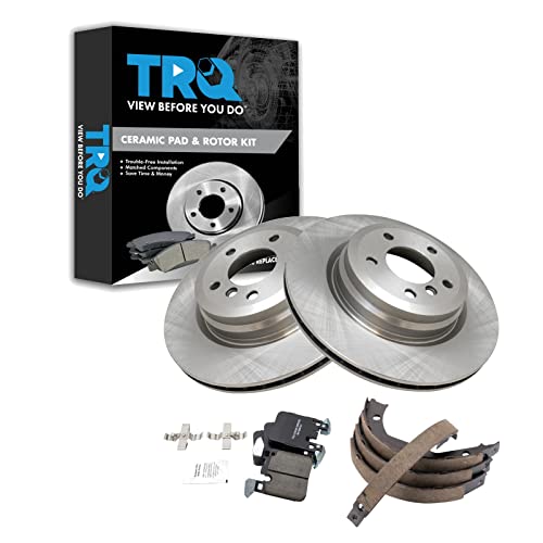 Image of TRQ Rear Brake Pad and Rotor Set Ceramic Rotors Parking Brake Shoe Compatible with 2012-2013 BMW 335i 2013 335i xDrive