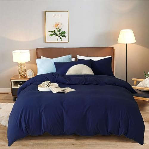 Wellboo Navy Blue Comforter Sets Queen Dark Blue Bedding Comforter Sets Cotton Solid Navy Blue Comfy Blankets Queen Size Modern Classic Deep Blue Dorm Quilts Women Men Pure Dusty Blue Winter Warm Bed #TOP25