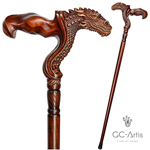 Gc-Artis Wooden Walking Cane Fantasy Dragon Ergonomic Palm Grip Handle 36” Wood Carved Walking Stick For Men Women Brown #TOP7