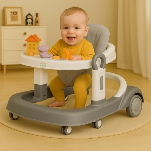 Image of Little Olive Baby Walker for Kids | Adjustable Height Baby Walking Support with Interactive Activity Toy Tray, Comfortable Padded Seat & Smooth Multi-Directional Wheels | Walker for Baby Boys & Girls - Grey