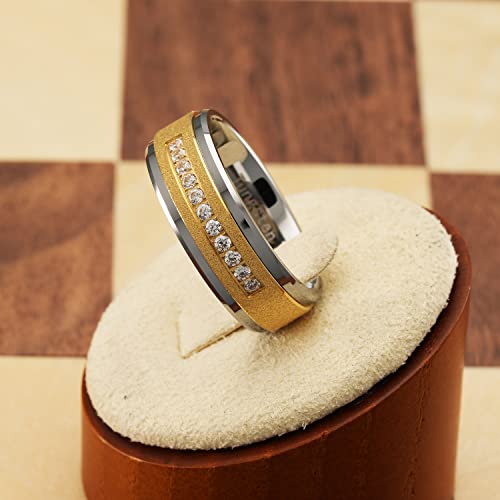100S JEWELRY Men's 14k Gold Sandblast Bling Tungsten Ring with Cubic Zirconia CZ Perfect Band for Wedding Engagement Promise and Everyday Wear3