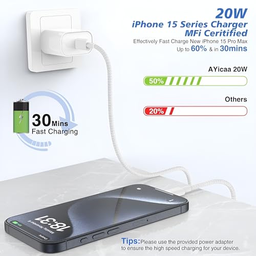 Image of 20W USB-C Charger for iPhone 15 /15 Plus /15 Pro /15 Pro Max, iPad Pro /Air /Mini, Fast Charging Adapter with 3ft Braided Cable, White, Type-C Power Adapter for Rapid Charge, White