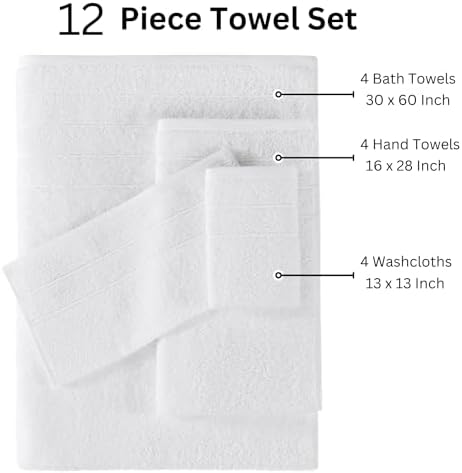 Casa Platino 100% Cotton Turkish Bath Towel Set 12 Pieces - Super Soft, Absorbent & Quick Dry - 4 Bath, 4 Washcloths, 4 Hand Towels for Bathroom - Hotel Quality, Ideal for Spa, Gym & Travel - White - Thumbnail 4
