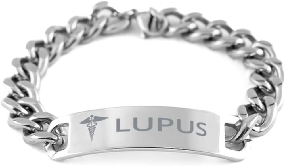 Medical Cuban Chain Stainless Steel Bracelet, Lupus Awareness, Medical Symbol, SOS Emergency Health Life Alert ID Engraved Stainless Steel Silver Jewelry Adjustable Bracelet For Men Women Teen