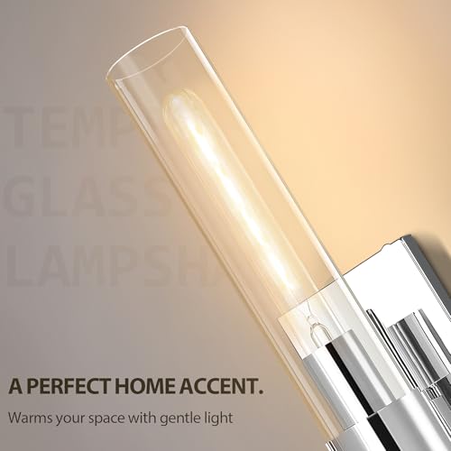 Image of Wall Sconces Set of 2, 22.8 inch Chrome Bathroom Sconces, Indoor Sconces Lighting with Glass, Nickel Vanity Lights with Tube, Dimmable Bedroom Bedside Wall Light for Dressing Table Staircase