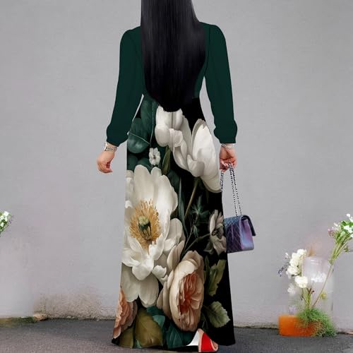 Image of Women's Plus Size Maxi Dresses Long Sleeves V Neck Floral Print Bohemian Swing Long Dress with Belt