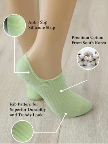 Combed Cotton No Show Socks – Ribbed Low Cut Dress & Loafer Socks, Skin-Friendly Triple Non-Slip Grip, Chic & Pastel Color Variety, Korean Aesthetic Cute Ankle Low Cut for Women & Girls.2