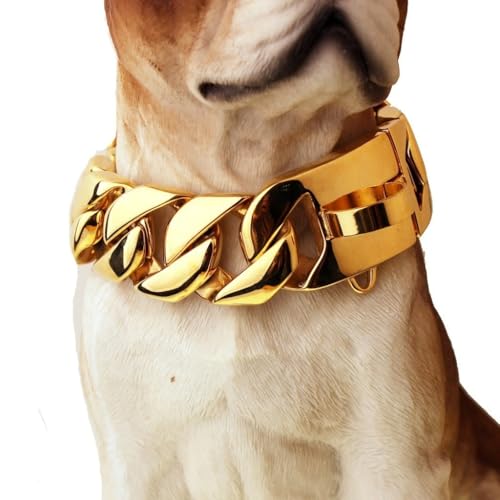 Goldfarbenes Hundehalsband, 32mm, Kubanisches Gliederhalsband mit Sicherer Schnappschnalle, 18 Karat Edelstahl, Für Alle Rassen, Mittelgroße Und Große Hunde(Gold,65cm)