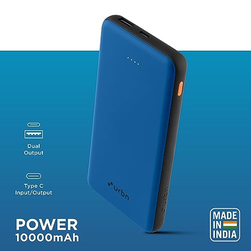 Image of URBN 10,000mAh Ultra Slim Power Bank with Type C Input /Output - Dual Port, 12W Fast Charging, 4-Layer Circuit Protection BIS Certified 6 Months Warranty Made in India Free Type C Cable - Bright Blue