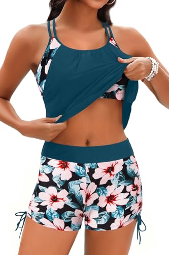 Image of Holipick Womens 2 Piece Tankini Swimsuit Blouson Tummy Control Bathing Suit | Double Up Design, Removable Pad, High Waisted Boy Shorts