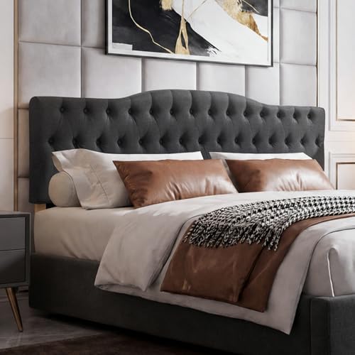 Iroomy Upholstered Full Headboard, Button Diamond Tufted Headboard with Adjustable Height and Solid Wood Leg, Velvet Padded Headboards for Full Size Bed, Modern Head Board, Dark Grey