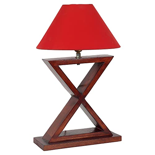 Image of tu casa Table Lamps with Mango Wood Base & Red Cotton Shades for Home Decor, Bedrooms, Living Room, Gifting, Diwali Decoration, Dining Space, Study Room, Hall (Height- 42cm) - Bulb not Included