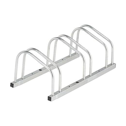 Relaxdays Soporte Bicicletas Suelo para 3 Bicis, Neumáticos hasta 50 mm, Metálico, Garaje, Aparcabicicletas, Plateado, 26 x 70.5 x 33.5 cm