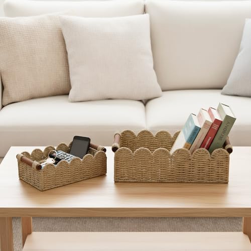 Aplolemo 2 Stück Dekokorb aus Papierseil mit gewelltem Rand, geeignet für Wohnzimmer, Schlafzimmer, über der Toilette Aufbewahrungskorb, Aufbewahrungsdekoration, handgewebter Papierseilkorb