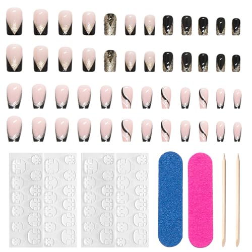 HTTDSLF Pack De 48 Uñas Postizas De Gel, Uñas Postizas Francesas, Uñas Postizas en Forma Coffin, Francesas con Rayas Negras, para Mujeres y Niñas