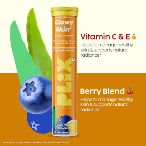 Image of PLIX - THE PLANT FIX Glutathione Effervescent Tablets for Clear, Glowing & Youthful Skin | 500mg Glutathione, Vit E & Hyaluronic Acid | No Maltodextrin, No Sugar | Pack of 2 (30 tabs) | Lemon