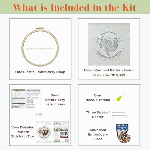Image of La glaneuse Embroidery Kit for Adult, Beginner Embroidery Kit with Cute and Funny Animal Pattern, Eight Simple Stitches to Get a Positive Sloth, Mental Health and Stress Relief Gift for Him /Her