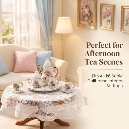 Image of Miniature Tea Set 1 /6 Scale Dollhouse Accessories Porcelain Little Rose