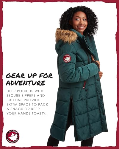 CANADA WEATHER GEAR Womens Long Puffer Coat - Heavyweight Wind Water Resistant Faux Fur Hood Parka Winter Jackets for Women