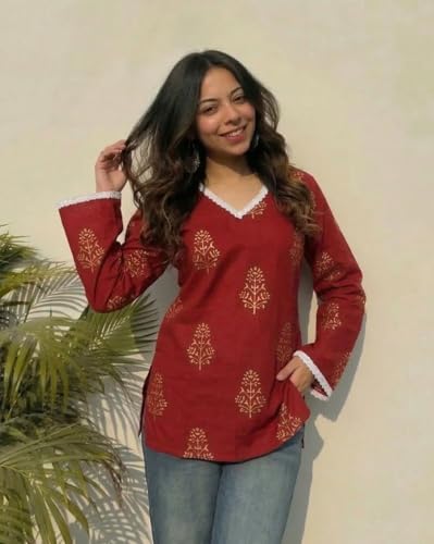 Image of ANNI Designer Women's Viscose Printed Short Kurti | Red Buta Print Tunic Top | V Neck Lace Detail | Full Sleeve Hip Length Kurta Top for Women
