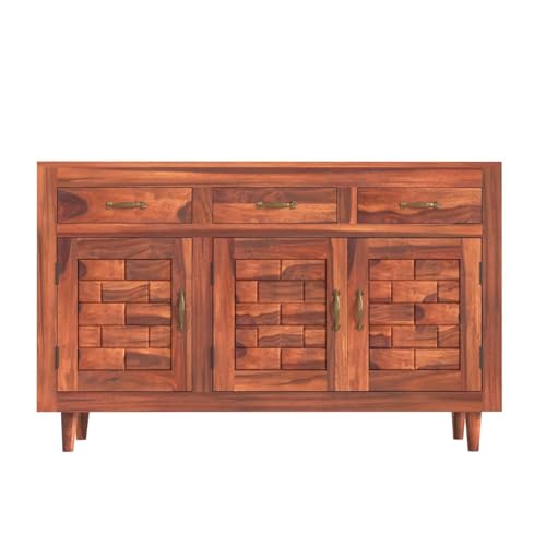 Image of Solid Sheesham Wood Sideboard Cabinet with 3 Door & 3 Drawer Storage | Wooden Storage Organizer for Living Room Dining Kitchen Bedroom Hallway | Honey Finish | Pre-Assembled